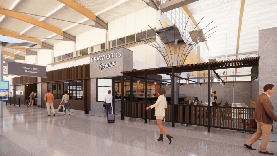 A rendering of Crawford’s Genuine, a restaurant created by chef Scott Crawford that’s scheduled to open in Terminal 2 at Raleigh-Durham International Airport in June.