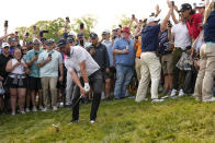 Michael Block hits from the rough on the 18th hole during the final round of the PGA Championship golf tournament at Oak Hill Country Club on Sunday, May 21, 2023, in Pittsford, N.Y. (AP Photo/Seth Wenig)