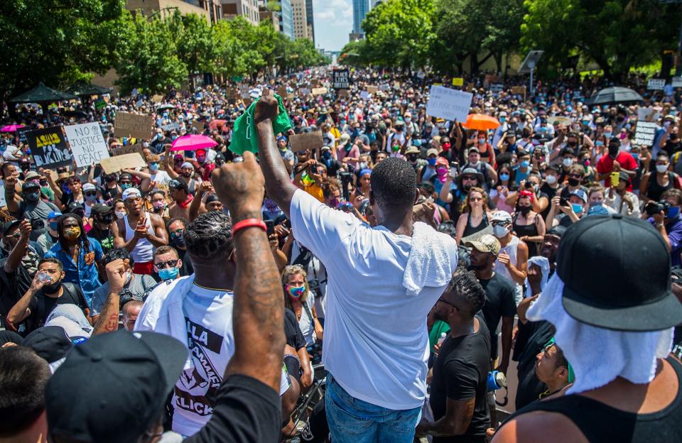 Thousands of protesters gather peacefully in front of the state Capitol, chanting, "Black lives matter" and "Justice" on June 7, 2020, in Austin, Texas.