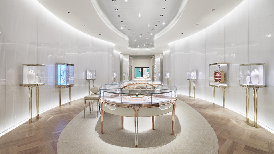 Additional jewelry displays in Tiffany's renovated NYC flagship backed by innovative sky lighting.