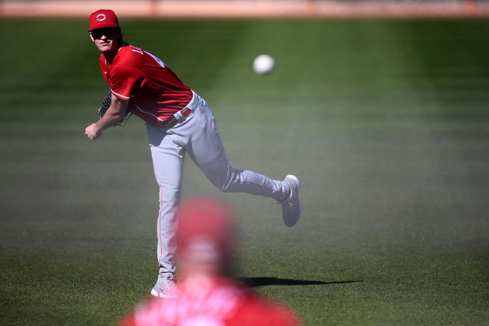 Cincinnati Reds minor league pitcher Nick Lodolo (40) warms up during a midday spring training workout at the Cincinnati Reds Player Development Complex in Goodyear, Ariz., on Friday, Feb. 26, 2021.