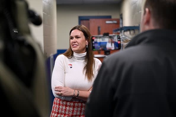 LITTLE ROCK, ARKANSAS - MARCH 5: Arkansas Governor Sarah Huckabee Sanders speaks with reporters after casting her vote on Super Tuesday at Dunbar Recreation Center on March 5, 2024 in Little Rock, Arkansas. 15 States and one U.S. Territory hold their primary elections on Super Tuesday, awarding more delegates than any other day in the presidential nominating calendar. (Photo by Will Newton/Getty Images)