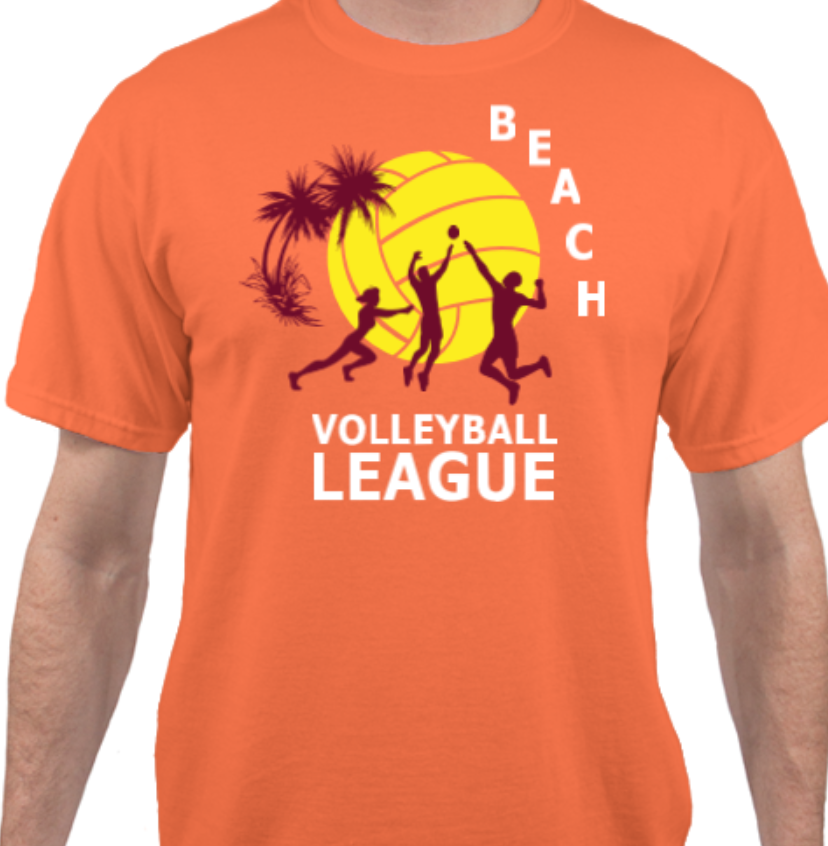 Model wearing an orange beach volleyball league shirt