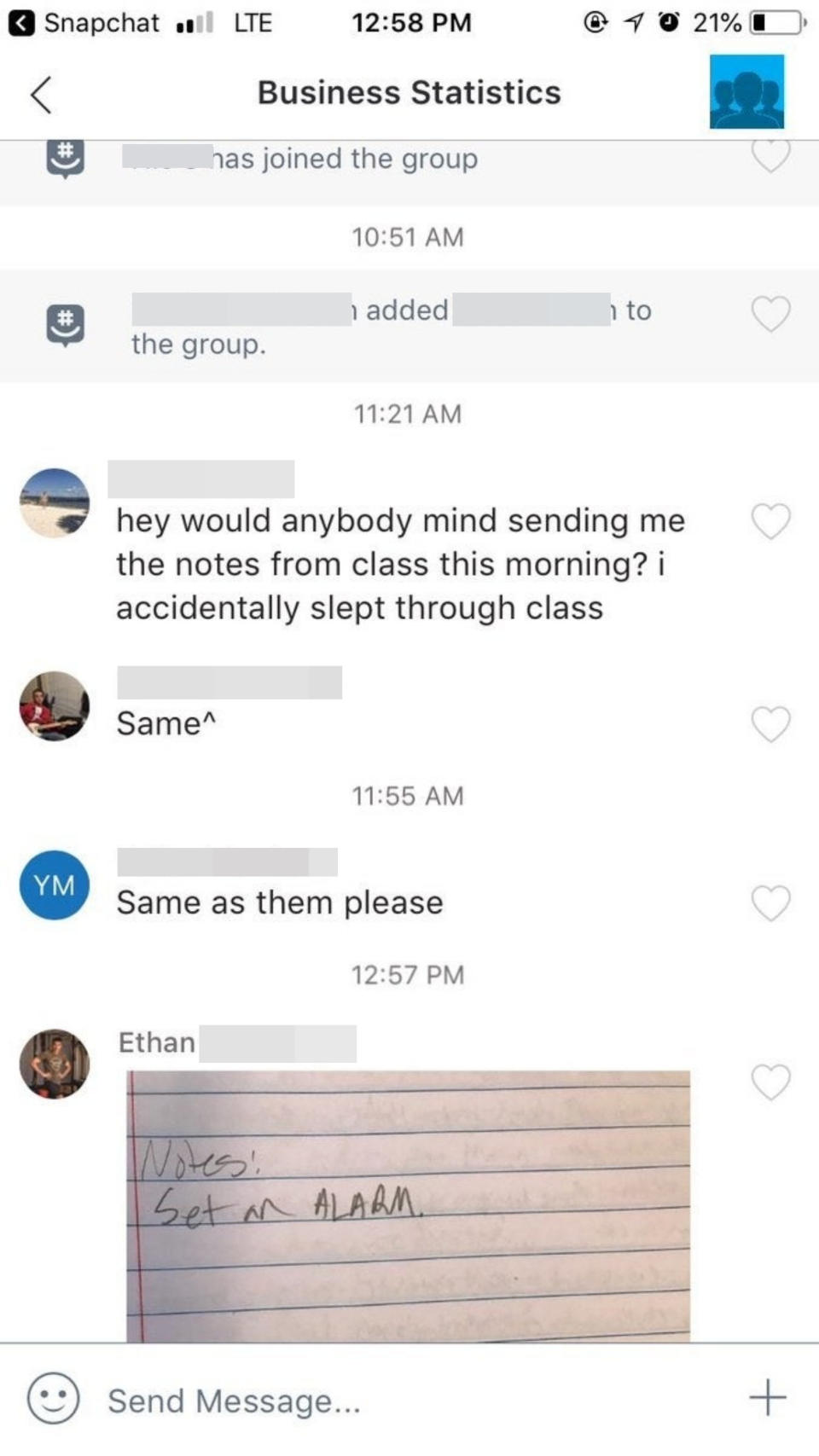 Messages from several classmates asking for notes from the day's lecture since they accidentally slept through class