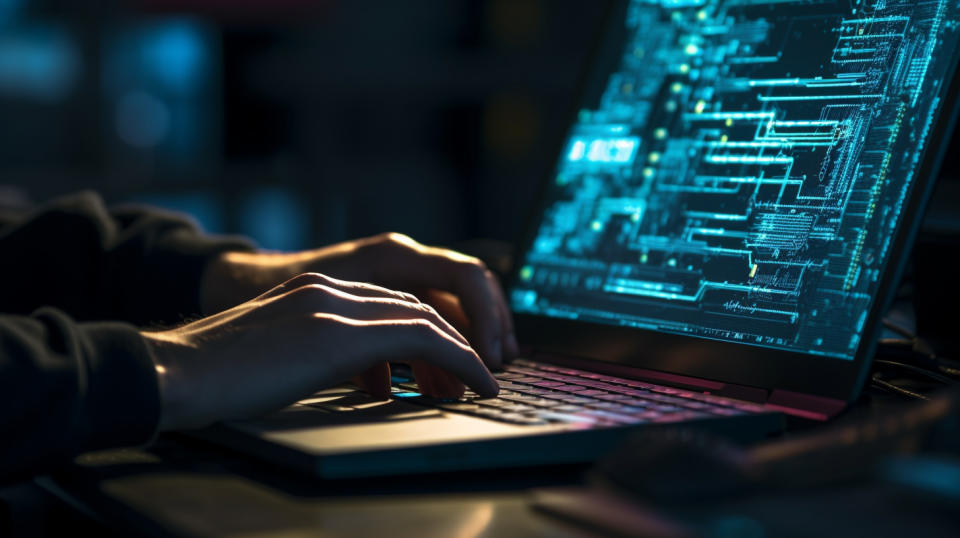 A close-up of an experienced game engineer's hands typing a complex code on a laptop.