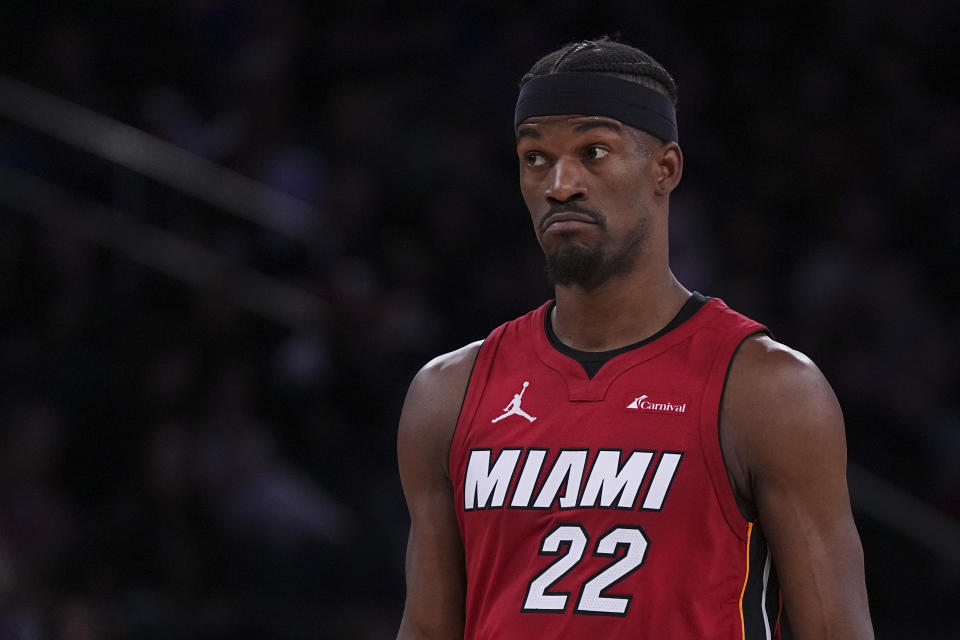 NEW YORK, NEW YORK - JANUARY 27: Jimmy Butler #22 of the Miami Heat reacts against the New York Knicks in the second half at Madison Square Garden on January 27, 2024 in New York City. The Knicks defeated the Heat 125-109. NOTE TO USER: User expressly acknowledges and agrees that, by downloading and or using this photograph, User is consenting to the terms and conditions of the Getty Images License Agreement. (Photo by Mitchell Leff/Getty Images)