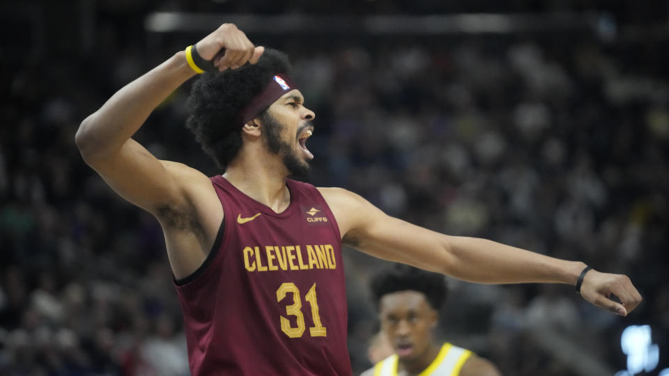 Cleveland Cavaliers center Jarrett Allen (31) celebrates during the second half of an NBA basketball game against the Utah Jazz Tuesday, April 2, 2024, in Salt Lake City. (AP Photo/Rick Bowmer)