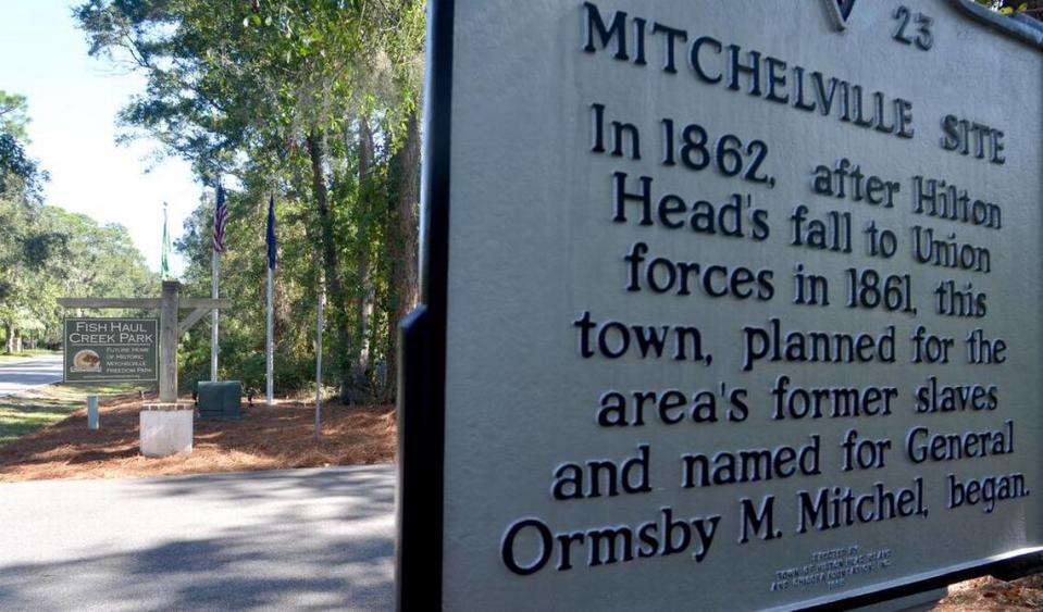 A historic marker describes the Mitchelville site at Fish Haul Creek Park and the home of Historic Mitchelville Freedom Park as seen on Monday, Oct. 16, 2017 on Hilton Head Island. On Thursday, a commission recommended that Town of Hilton Head Island Town Council change the name of Fish Haul Creek Park to Historic Mitchelville Freedom Park. The existing Mitchelville Beach Park would be renamed Fish Haul Beach Park.