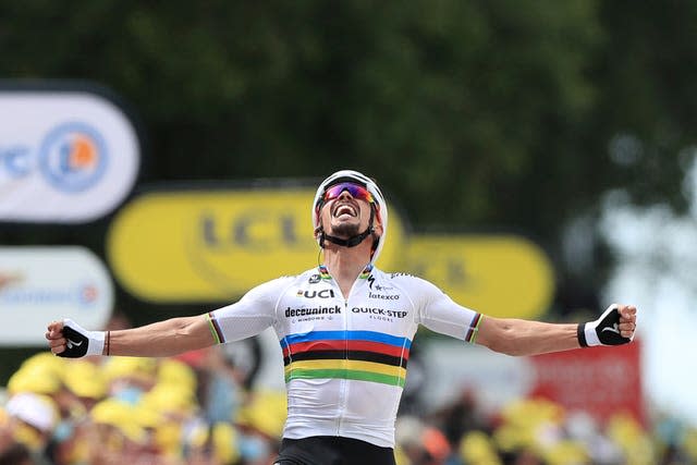 France’s Julien Alaphilippe celebrates winning the first stage of the Tour de France, which was marred by two big crashes in the peloton