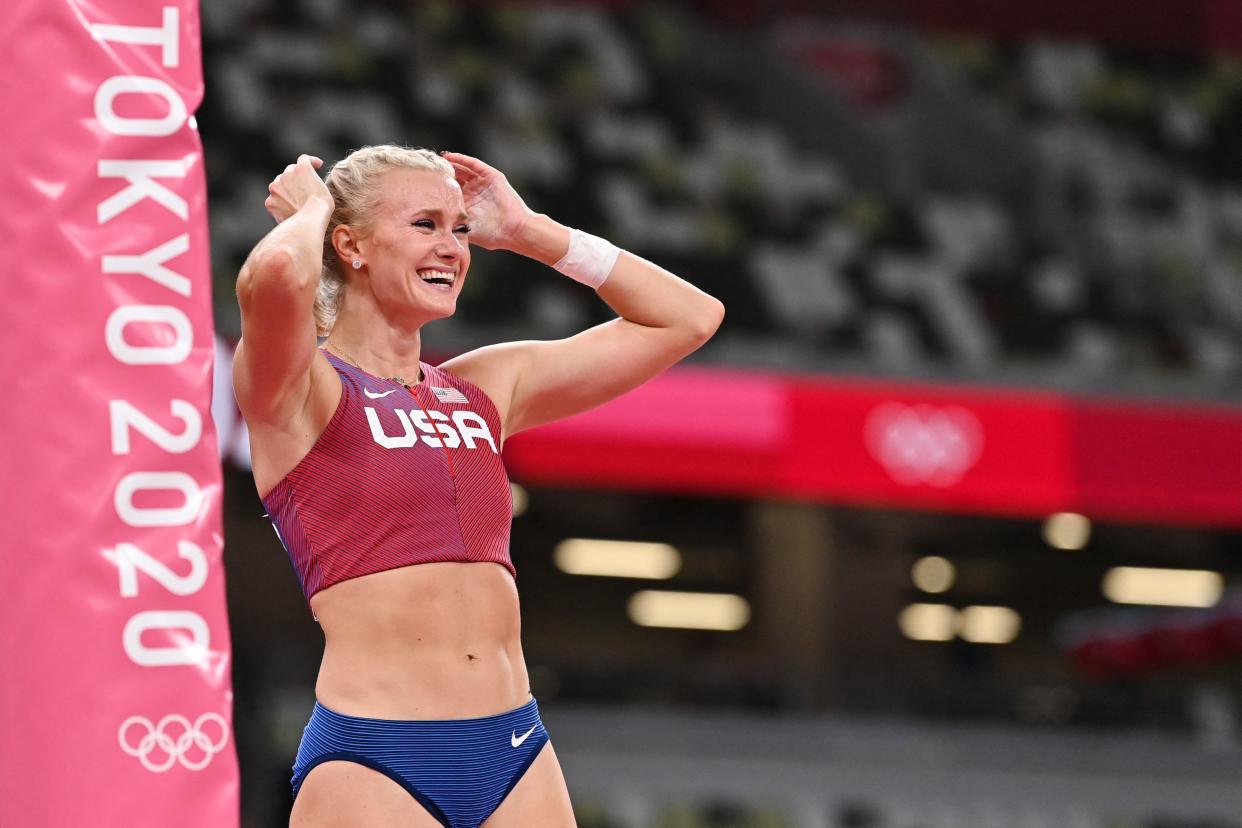 Katie Nageotte was overcome with emotion after her wild year led to Olympic pole vault gold. (Photo by ANDREJ ISAKOVIC/AFP via Getty Images)