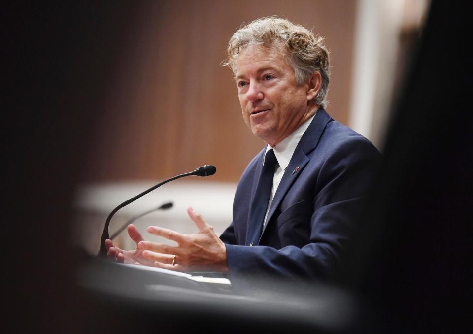 Sen. Rand Paul, R-Ky, speaks during a Senate Health, Education, Labor and Pensions Committee hearing on Capitol Hill in Washington, Tuesday, June 30, 2020. (Kevin Dietsch/Pool via AP)