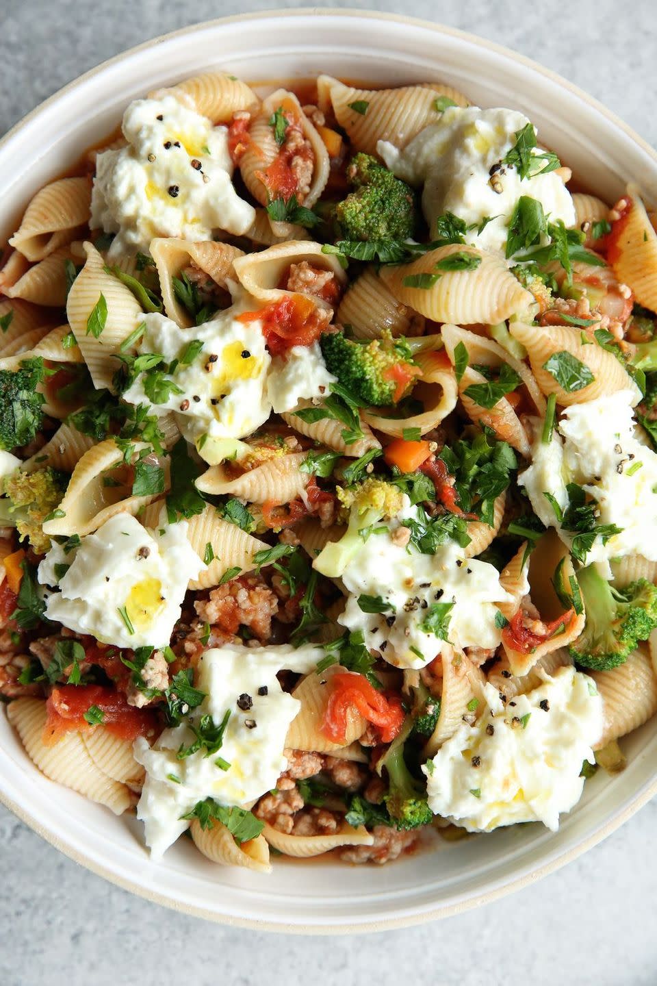 Sausage and Broccoli Ragú with Shells and Burrata