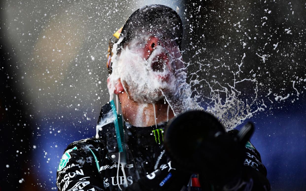 Race winner Valtteri Bottas of Finland and Mercedes GP celebrates on the podium during the F1 Grand Prix of Russia at Sochi Autodrom on September 27, 2020 in Sochi, Russia - Mario Renzi - Formula 1