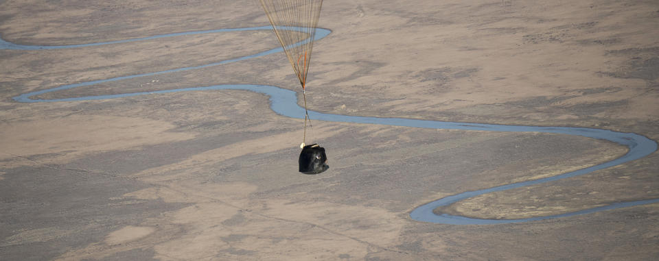 Soyuz MS-02 spacecraft is seen as it lands