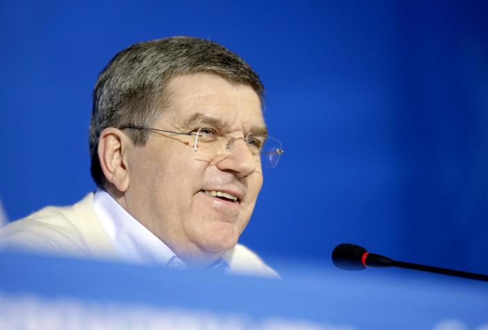 International Olympic Committee President Thomas Bach speaks during a press conference at the 2014 Winter Olympics, Monday, Feb. 3, 2014, in Sochi, Russia. (AP Photo/David Goldman)