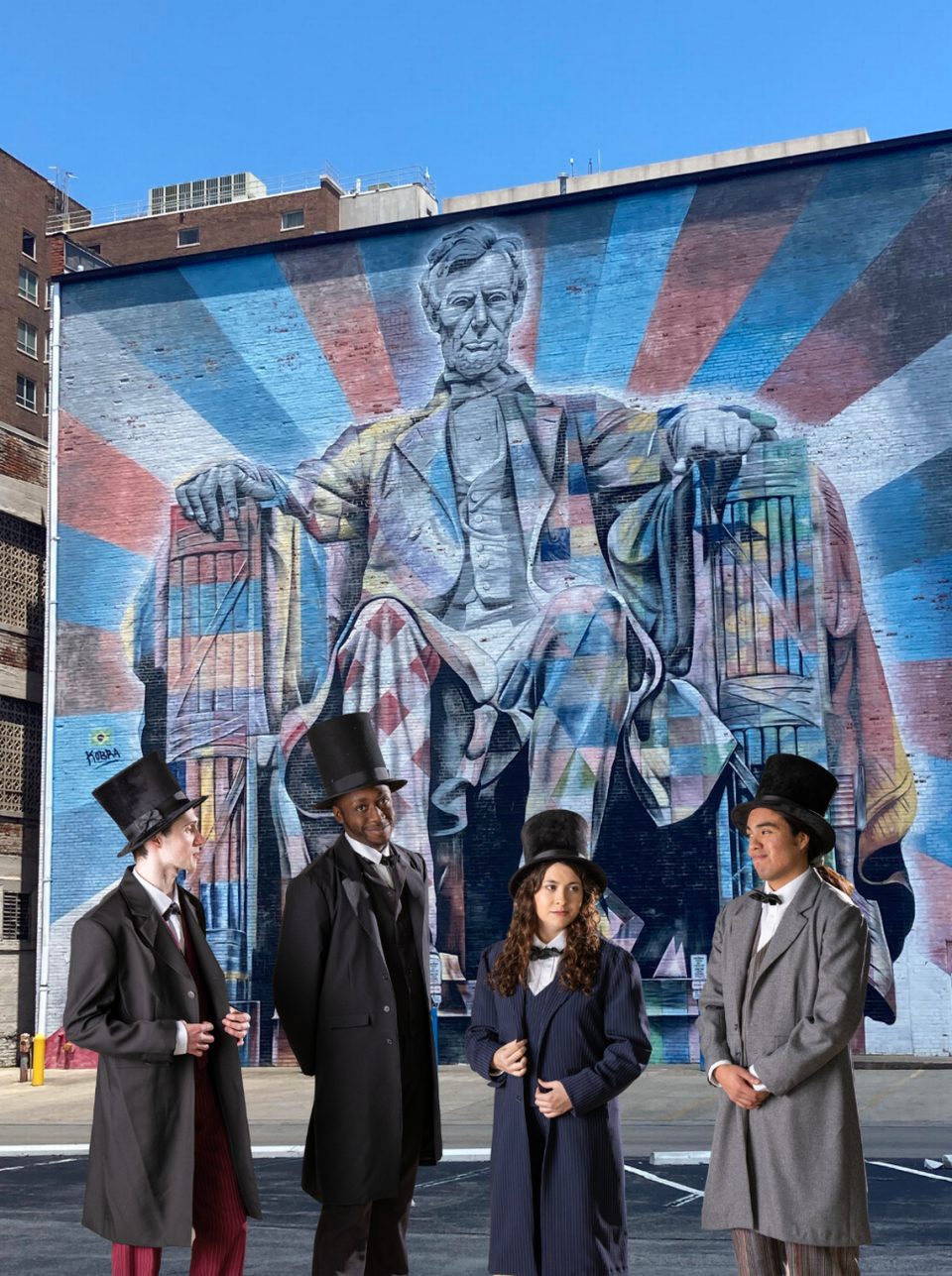 Four Lincolns in front of Lexington’s Abe Lincoln mural to promote the Lexington Children’s Theatre’s production of “Keeping Mr. Lincoln.”