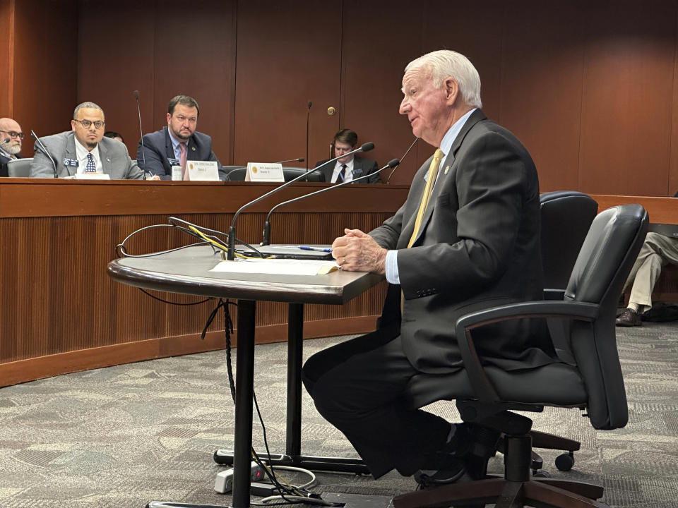 Georgia Senate Ethics Committee Chairman Max Burns, R-Sylvania, explains a bill to the committee, Tuesday, Jan. 23, 2024, at the Georgia Capitol in Atlanta. A lawyer for Republican Georgia Secretary of State Brad Raffensperger says the measure is unconstitutional. It gives the appointed State Election Board the power to investigate Raffensperger. (AP Photo/Jeff Amy)