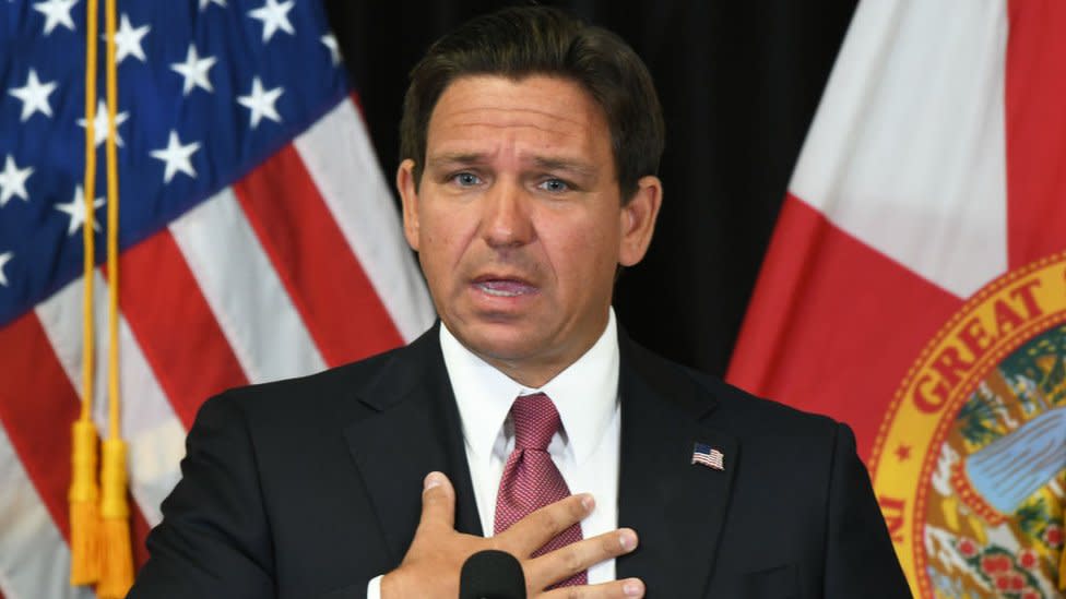 Florida Gov. Ron DeSantis speaks at a press conference in Sanford, Florida