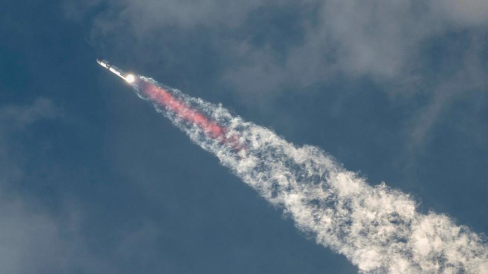 PHOTO: SpaceX's next-generation Starship spacecraft, atop its powerful Super Heavy rocket, lifts off on its third launch from the company's Boca Chica launchpad on an uncrewed test flight, near Brownsville, Texas March 14, 2024.  (Cheney Orr/Reuters)