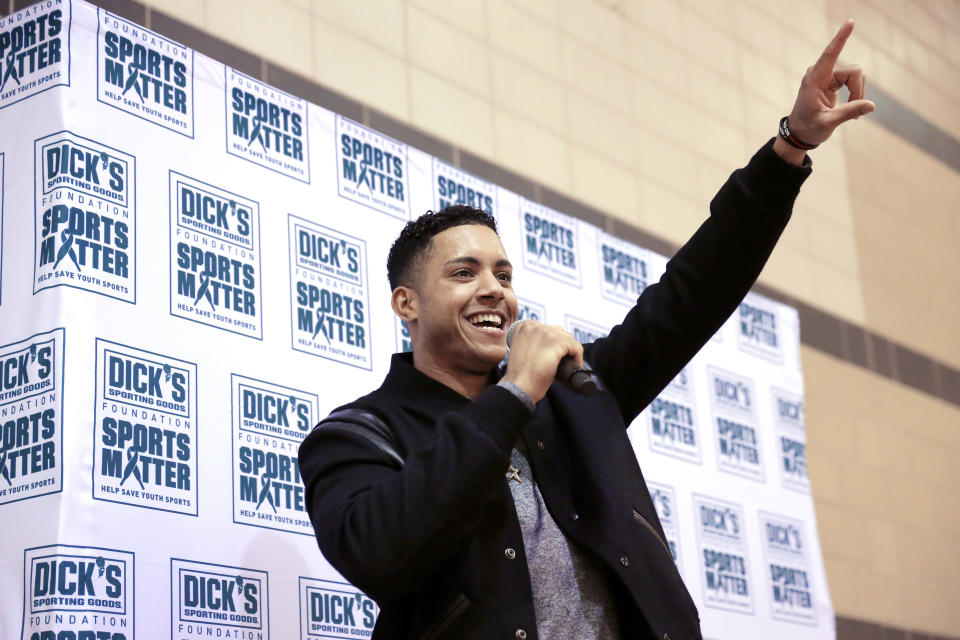 Houston Astros 2022 World Series baseball MVP Jeremy Pena speaks to kids during Sports Matter Day at the University of Houston, Saturday, Dec. 3, 2022, in Houston. (AP Photo/Michael Wyke)