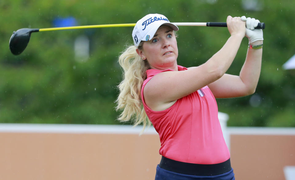 Bronte Law, of England, hits her tee shot from the ninth tee during the final round of the Indy Women in Tech Championship golf tournament, Sunday, Sept. 29, 2019, in Indianapolis. (AP Photo/R Brent Smith)