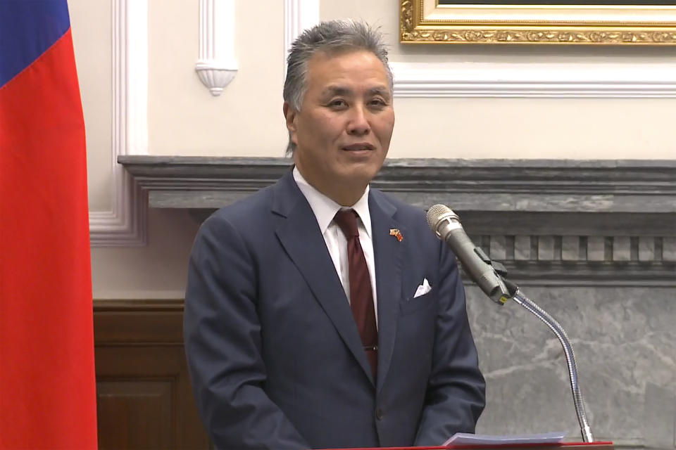 In this image made from video released by the Taiwan Presidential Office, U.S. Representative Mark Takano, D-Calif. speaks during a meeting with Taiwanese President Tsai Ing-wen at the Presidential Office in Taipei, Taiwan on Friday, Nov. 26, 2021. Five U.S. lawmakers met with Taiwan President Tsai Friday morning in a surprise one-day visit intended to reaffirm the United States' "rock solid" support for the self-governing island. (Taiwan Presidential Office via AP)