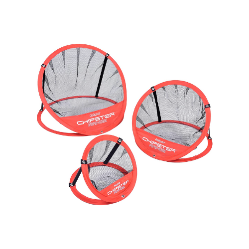 3 different sized red golf ball nets against white background