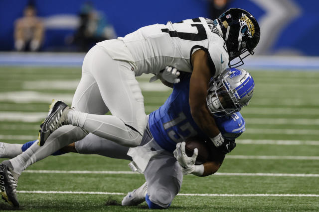 Jacksonville Jaguars linebacker Yasir Abdullah (56) watches during an  preseason NFL football game against the Detroit Lions in Detroit, Saturday,  Aug. 19, 2023. (AP Photo/Paul Sancya Stock Photo - Alamy