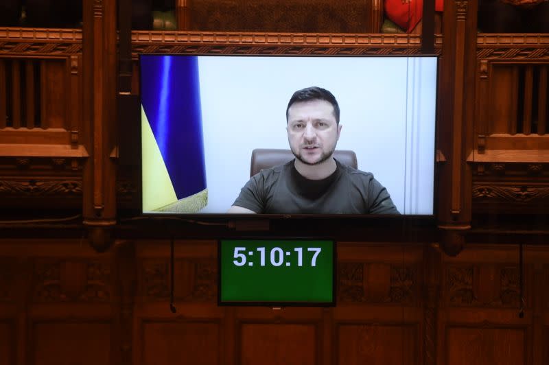 ▲烏克蘭總統澤倫斯基（Volodymyr Zelensky）於英國國會發表視訊演說。（圖／取自英國下議院推特）