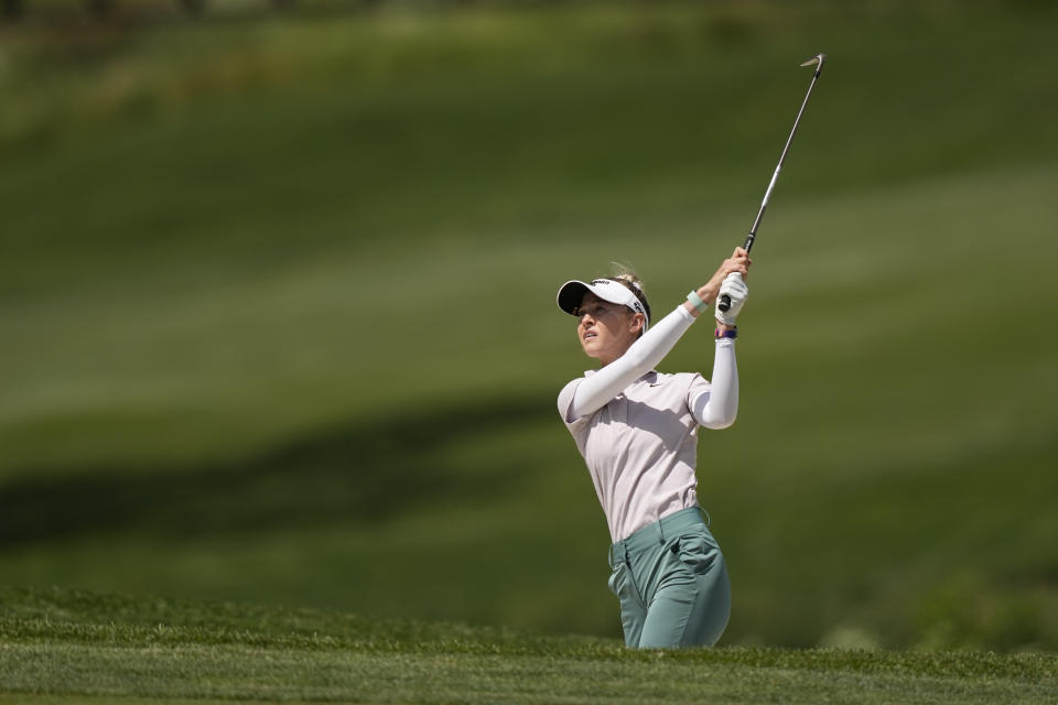 Nelly Korda hits off the rough on the third hole during the first round of the U.S. Women's Open golf tournament at Lancaster Country Club, Thursday, May 30, 2024, in Lancaster, Pa. (AP Photo/Matt Rourke)