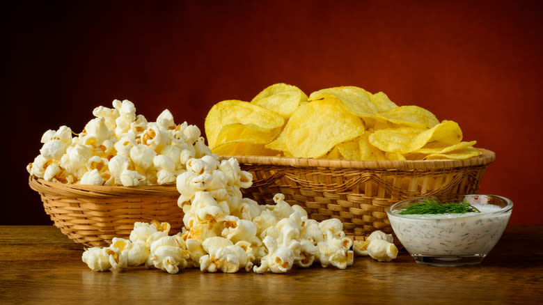 popcorn, chips, dill dip