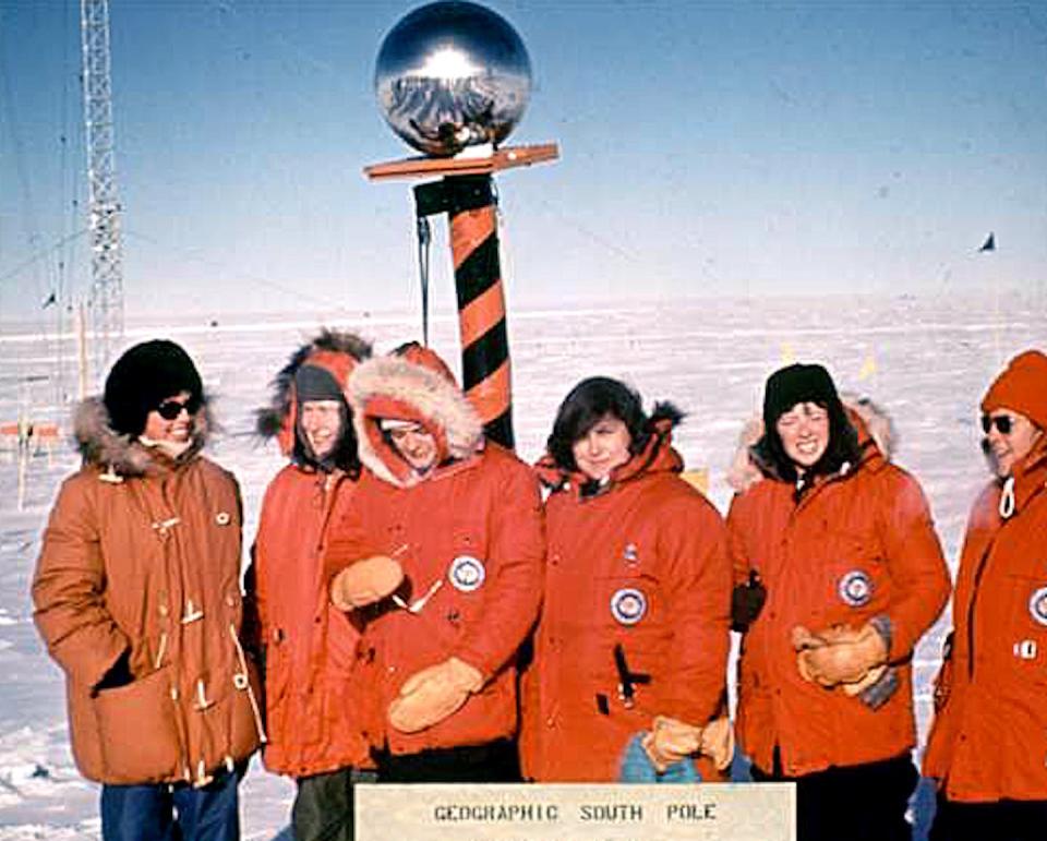 From left, the first six women ever to visit the South Pole, in 1969: Pam Young, Jean Pearson, Terry Tickhill, Lois Jones, Eileen McSaveney and Kay Lindsay. <a href="https://www.nsf.gov/news/news_images.jsp?cntn_id=115957&org=OPP" rel="nofollow noopener" target="_blank" data-ylk="slk:U.S. Navy via National Science Foundation;elm:context_link;itc:0;sec:content-canvas" class="link ">U.S. Navy via National Science Foundation</a>