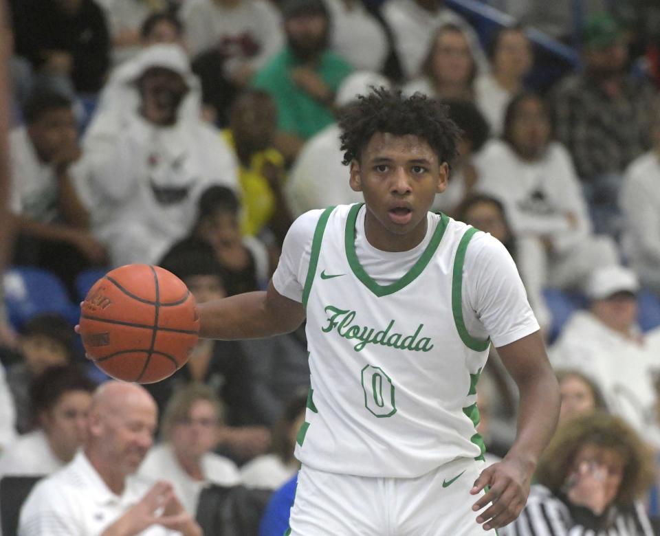 Floydada's Ty Henderson dribbles the ball against Farwell in the Region I-2A quarterfinals basketball game, Tuesday, Feb. 27, 2024, at Rip Griffin Center.