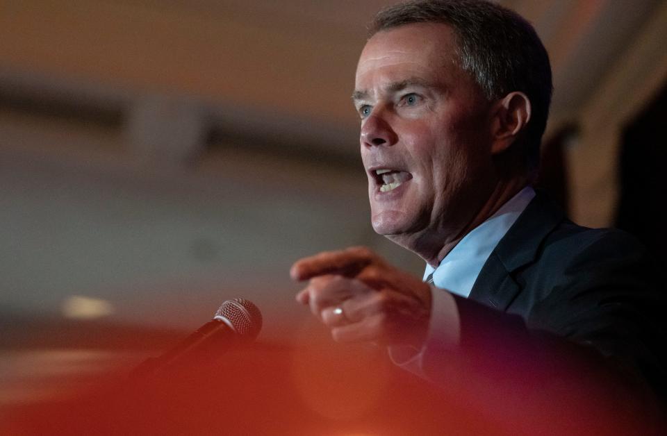 Incumbent mayor Joe Hogsett gives a speech Wednesday, Aug. 30, 2023, during the HobNob hosted by the Indy Chamber at the Columbia Club in Indianapolis.