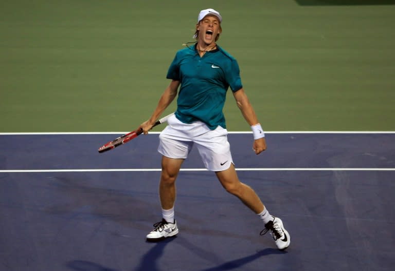 Denis Shapovalov of Canada celebrates his victory over Nick Kyrgios of Australia on day one of the Rogers Cup, at the Aviva Centre in Toronto, Ontario, on July 25, 2016