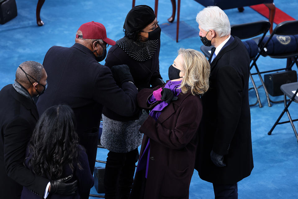 <p>Former Secretary of State Hilary Rodham Clinton elbow bumps Congressman Jim Clyburn as she arrives with her husband, former President Bill Clinton.</p>