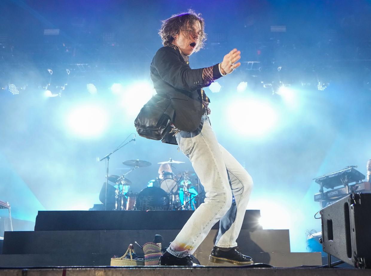 Lead singer of Cage the Elephant, Matt Shultz,  performs during the ALL IN Music and Arts Festival on Sunday, Sept. 4, 2022, at the Indiana State Fairgrounds in Indianapolis. 