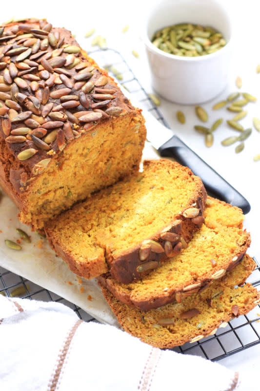 <p>Dish by Dish</p><p>This super moist pumpkin bread is fragrant, tasty and topped with toasted pumpkin seeds for a crunchy bite. Gluten and dairy-free. </p><p><strong>Get the recipe: <em><a href="https://www.dishbydish.net/super-moist-gluten-free-pumpkin-bread/" rel="nofollow noopener" target="_blank" data-ylk="slk:Super Moist Gluten-Free Pumpkin Bread;elm:context_link;itc:0;sec:content-canvas" class="link rapid-noclick-resp">Super Moist Gluten-Free Pumpkin Bread</a></em></strong></p>