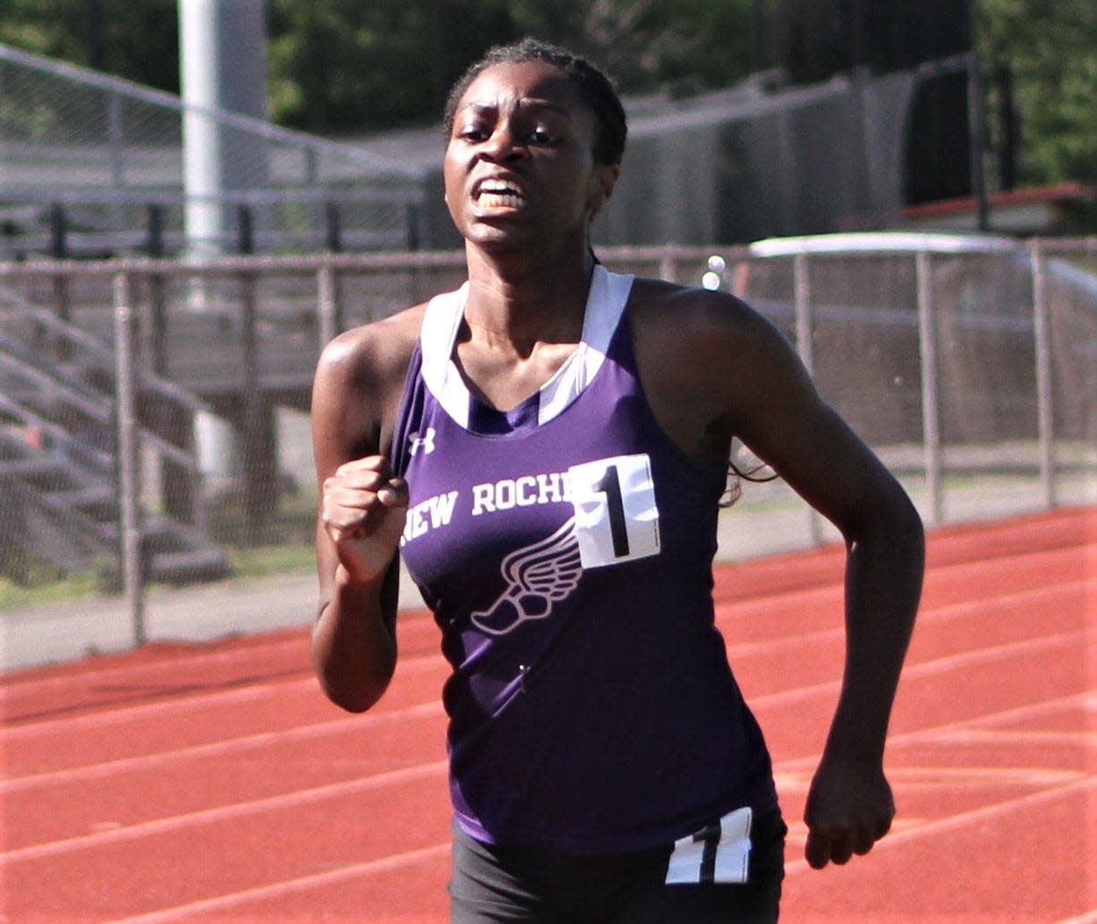 New Rochelle's Gabrielle Barnett wins the girls pentathlon 800-meter run May 29, 2022 at the Section 1 Class AA track and field championships at Arlington High. Barnett also took the overall girls pent title.