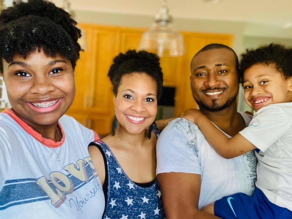 Sabrina Foulks-Thomas and Chermond Thomas went to the same high school, reconnected on Facebook and married years later. They now live in Sussex. Pictured (from left) are the couple's daughter Jonae, Foulks-Thomas, Thomas and their son Cree. They also adopted a son, Akai, who is 23 months old.