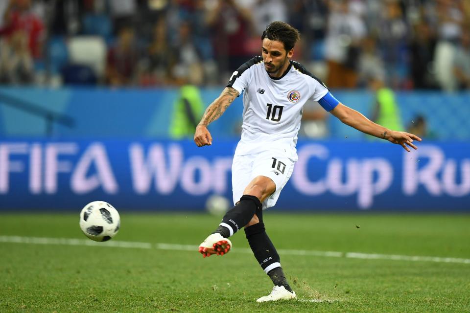 Costa Rica’s midfielder Bryan Ruiz kicks a penalty leading to the Swiss goalkeeper scoring an own goal during the Russia 2018 World Cup Group E football match between Switzerland and Costa Rica at the Nizhny Novgorod Stadium in Nizhny Novgorod on June 27, 2018. (Getty Images)