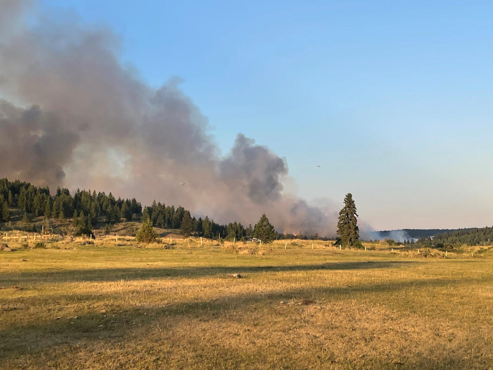 In this photo provided by Marshall Potts Music, the Sparks Lake wildfire burns in Kamloops, British Columbia, on Wednesday, June 30, 2021. (Courtesy of Marshall Potts Music via The Canadian Press via AP)