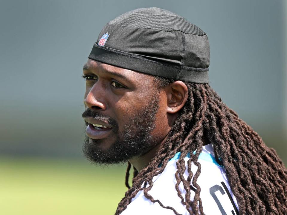 Carolina Panthers outside linebacker Jadeveon Clowney during the voluntary minicamp practice on Wednesday, April 24, 2024.