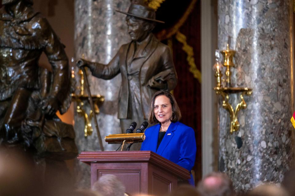 Sen. Deb Fischer, R-Neb., speaks during an unveiling ceremony for the Congressional statue of Willa Cather, in Statuary Hall on Capitol Hill in Washington, Wednesday, June 7, 2023.