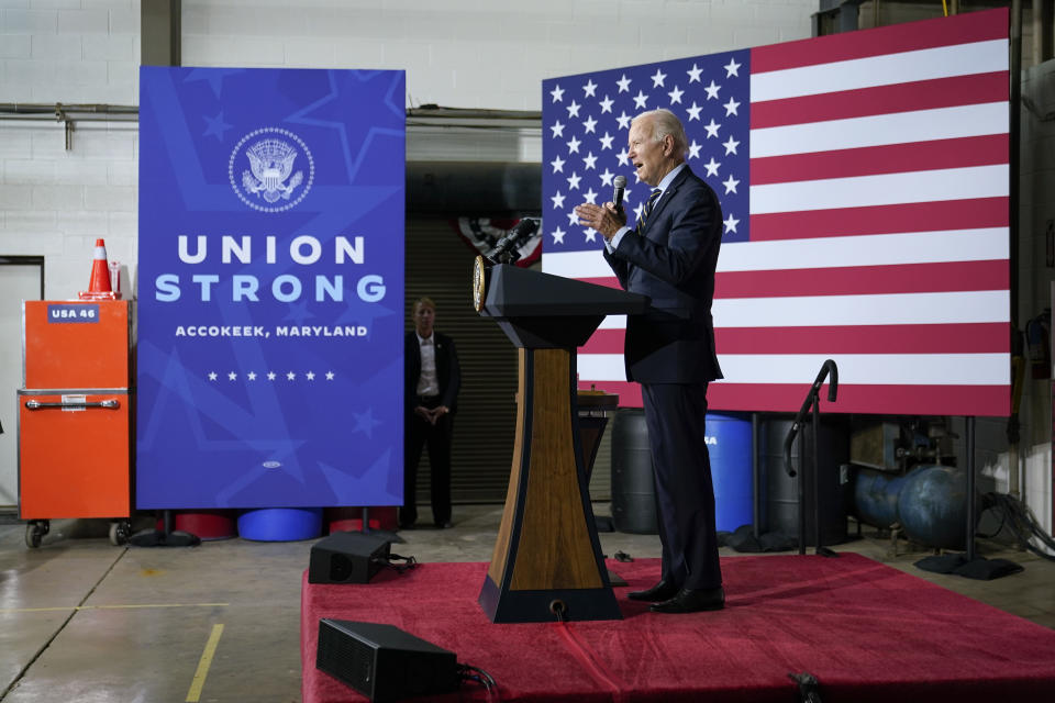 FILE - President Joe Biden speaks about his economic agenda at International Union of Operating Engineers Local 77's training facility in Accokeek, Md., April 19, 2023. (AP Photo/Patrick Semansky, File)