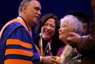 <p>Sonia Sotomayor and her mother, Celina Sotomayor, were honored at Hostos Community College's commencement in New York City in June 2010. Celina, a struggling single mother in the South Bronx, was insistent that both of her children go to college; thanks to her encouragement, Sonia would go on to attend Princeton University, Yale Law School, and become the first-ever Latina Supreme Court Justice.</p>