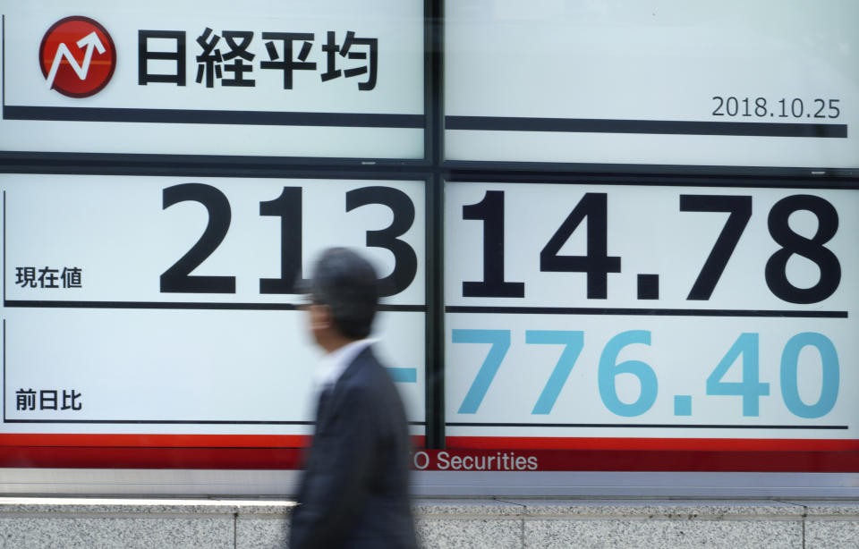 A man walks past an electronic stock board showing Japan's Nikkei 225 index at a securities firm Thursday, Oct. 25, 2018 in Tokyo. Shares fell moderately in Asia on Thursday after another torrent of selling gripped Wall Street overnight, sending the Dow Jones Industrial Average plummeting more than 600 points and erasing its gains for the year. Japan’s Nikkei 225 index sank sharply on the open but leveled off, regaining some lost ground. (AP Photo/Eugene Hoshiko)