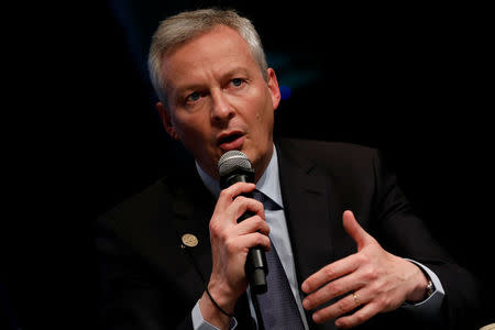 French Minister for the Economy and Finance Bruno Le Maire speaks at panel on the security-development nexus during IMF spring meetings in Washington, U.S., April 20, 2018. REUTERS/Aaron P. Bernstein