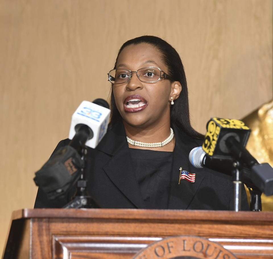 Gwen Collins-Greenup, a candidate for secretary of state, answers media questions after qualifying on Aug. 8, 2023 at the Secretary of State's Office in Baton Rouge, La. Louisiana voters will cast their ballot, Saturday, Nov. 18 to determine a a slew of runoff races including for three vacant statewide offices: attorney general, secretary of state and treasurer. (Patrick Dennis/The Advocate via AP)