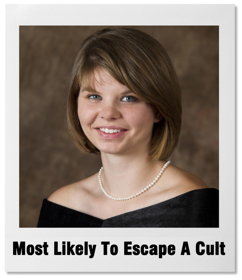 yearbook photo with text 'most likely to escape a cult'